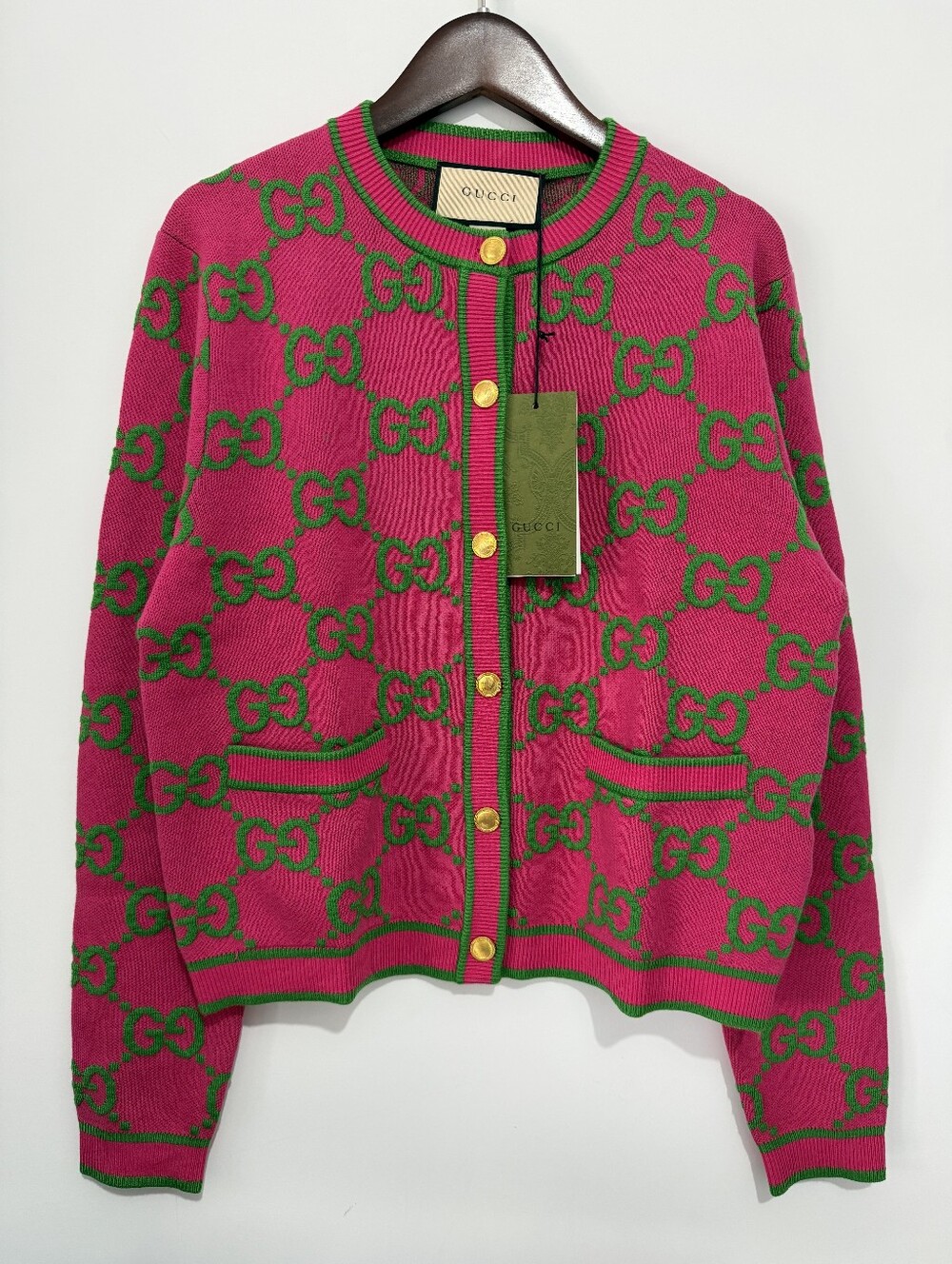 Gucci Pink & Green GG-Pattern Knit Cardigan